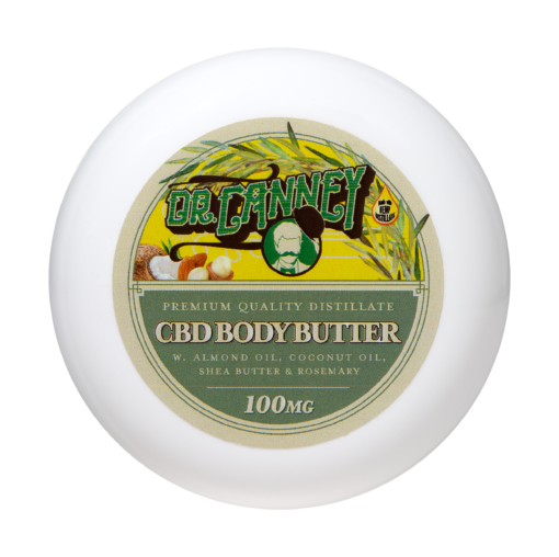 CBD Rosemary Body Butter in glossy white plastic container - Experience luxurious skin nourishment with our 100mg CBD-infused formula.