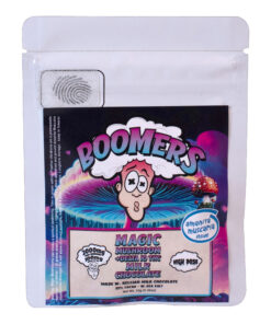 Boomers Legal Magic Mushroom Milk Chocolate packaging with 2000mg of Amanita Muscaria and 100mg Delta 10 THC, featuring the Boomers logo and colorful psychedelic design.