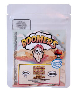 Boomers Legal Magic Mushroom Milk Chocolate packaging with 2000mg of Amanita Muscaria, featuring the Boomers logo and colorful psychedelic design.