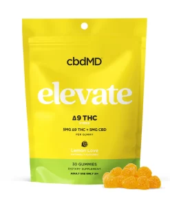 CBDMD elevate Δ9 THC gummies package with Lemon Love flavor, 5mg Δ9 THC + 5mg CBD per gummy, 30-count bag