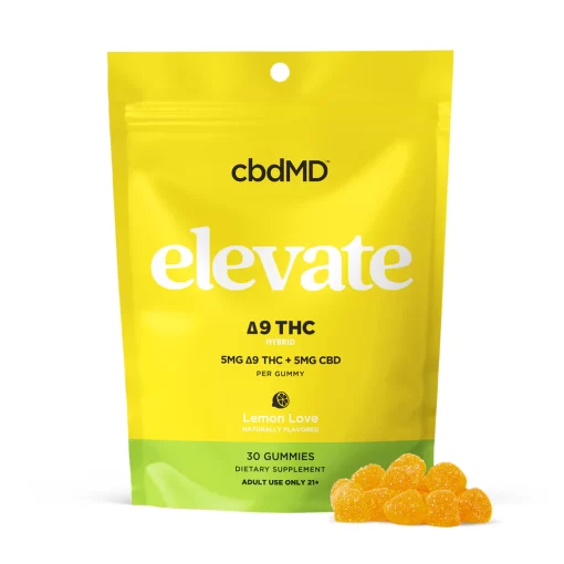 CBDMD elevate Δ9 THC gummies package with Lemon Love flavor, 5mg Δ9 THC + 5mg CBD per gummy, 30-count bag