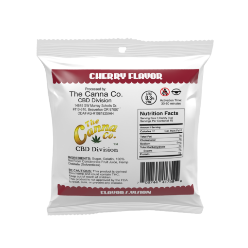 Back of Flavors Cherry THCa Gummies Package – Processed by The Canna Co., with nutritional information and less than 0.3% THC.