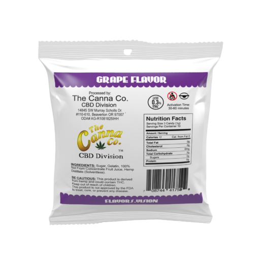 Back of Flavors Grape THCa Gummies Package – Processed by The Canna Co., with nutritional information and less than 0.3% THC.