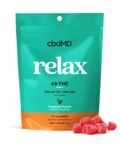 cbdMD relax Δ9 THC gummies package with Tropical Punch flavor, 5mg Δ9 THC + 5mg CBD per gummy, 30-count bag