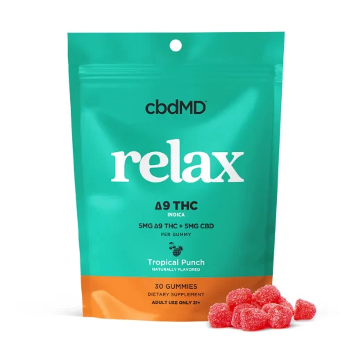 cbdMD relax Δ9 THC gummies package with Tropical Punch flavor, 5mg Δ9 THC + 5mg CBD per gummy, 30-count bag