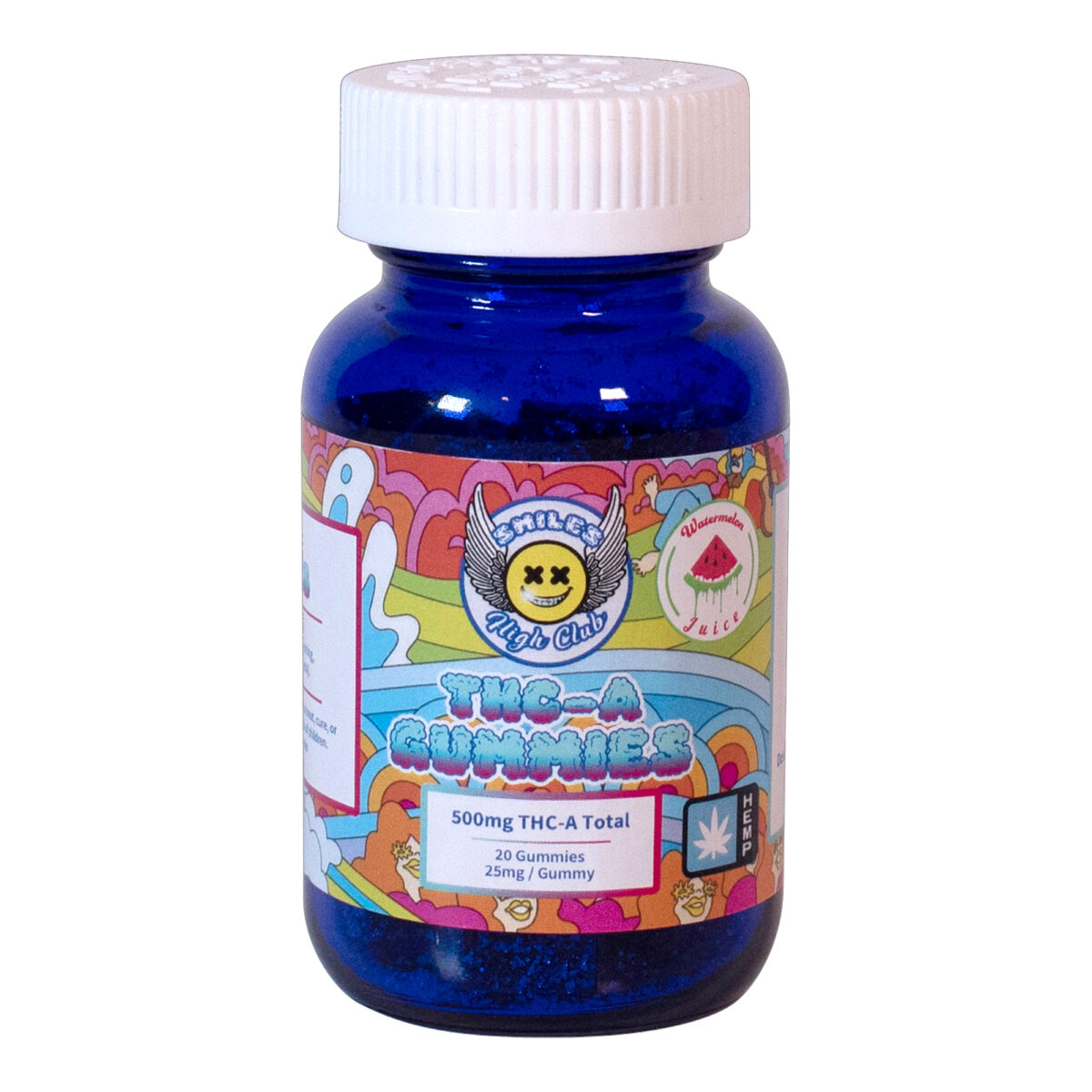 Smiles High Club THCa Gummies - 500mg, 20 gummies in a blue bottle with colorful label, watermelon flavor.