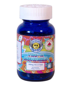 Smiles High Club THCa Gummies - 500mg, 20 gummies in a blue bottle with colorful label, watermelon flavor.