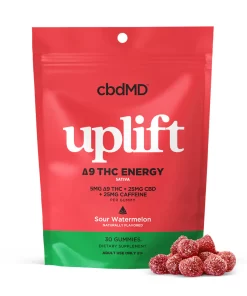 cbdMD uplift Δ9 THC energy gummies package with Sour Watermelon flavor, 5mg Δ9 THC + 25mg CBD + 25mg caffeine per gummy, 30-count bag