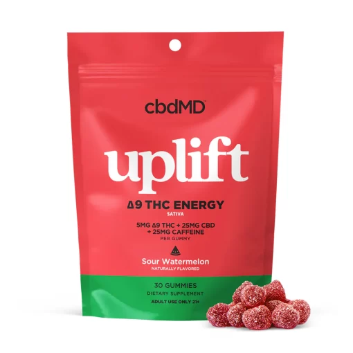 cbdMD uplift Δ9 THC energy gummies package with Sour Watermelon flavor, 5mg Δ9 THC + 25mg CBD + 25mg caffeine per gummy, 30-count bag