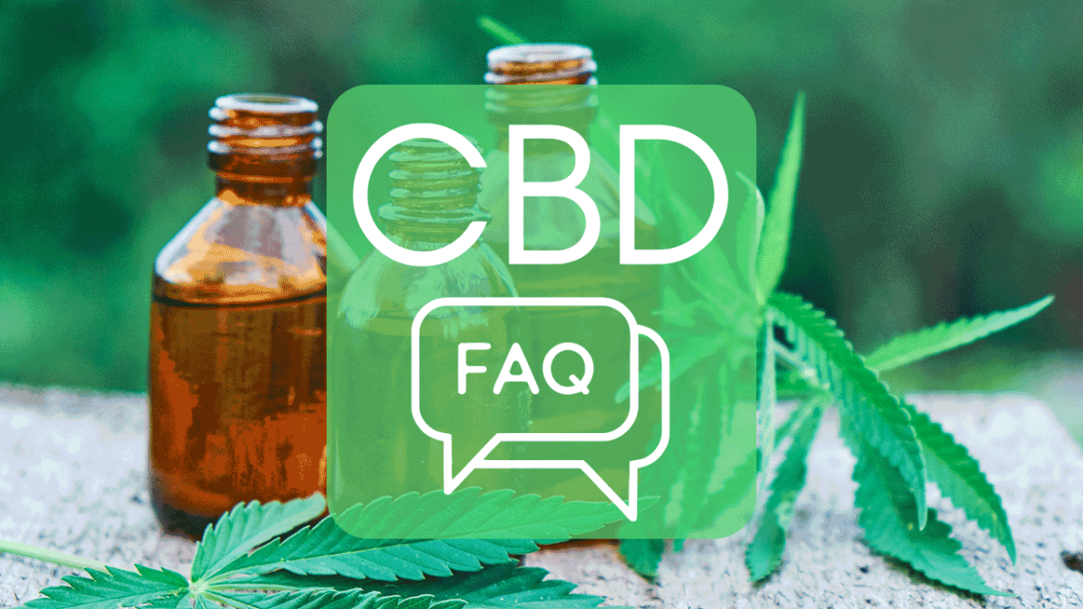 CBD FAQs with amber bottles of CBD oil and hemp leaves in a natural outdoor setting