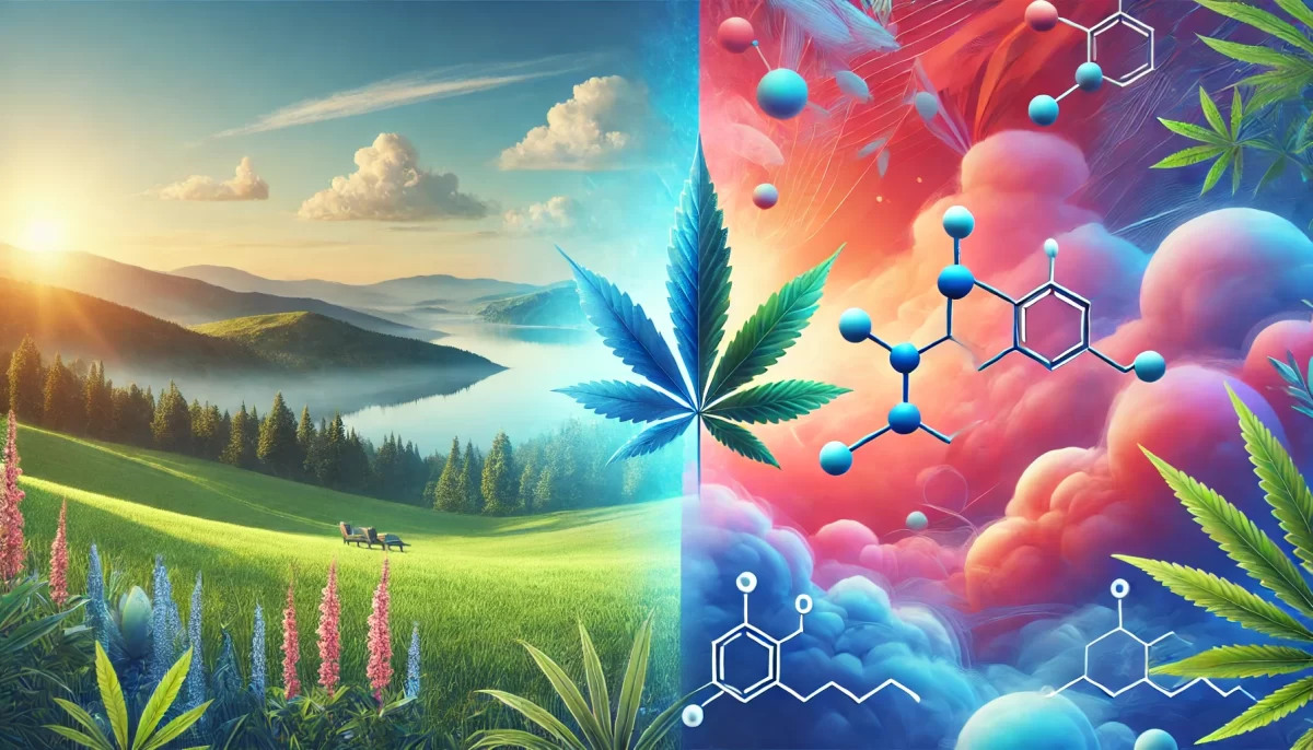 Split-screen image illustrating the contrast between the calming effects of CBD and the energizing benefits of CBG, with serene soft hues on one side and vibrant bold colors on the other, featuring subtle cannabis leaves and molecular structures.