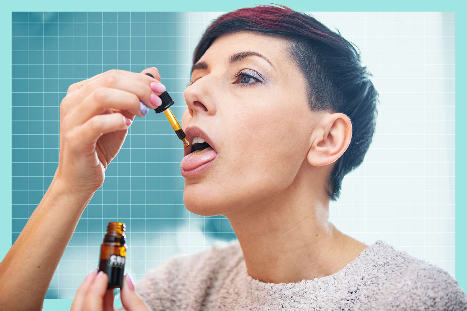 A woman using a dropper to take CBD oil sublingually, showcasing an effective method for quick absorption.