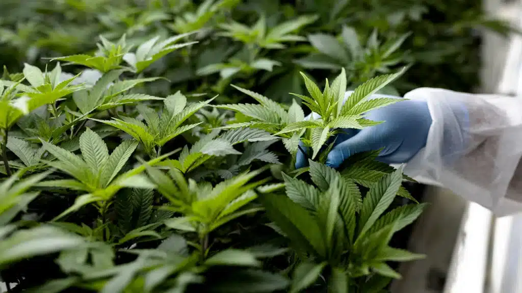 Scientist inspecting hemp plants in a greenhouse, focusing on healthy leaves and cannabinoid-rich growth.