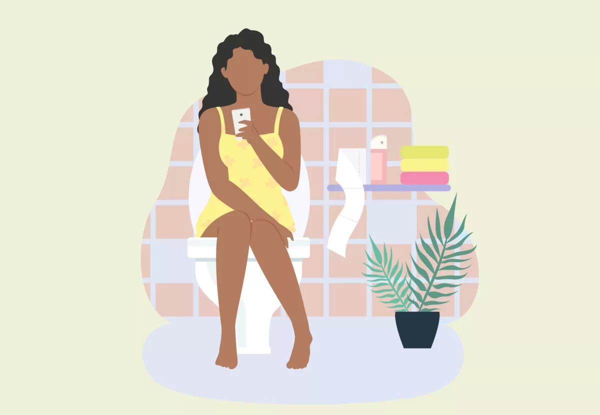 Illustration of a woman in a yellow dress sitting on a toilet in a modern bathroom, using her smartphone, with toilet paper, towels, and a potted plant in the background.