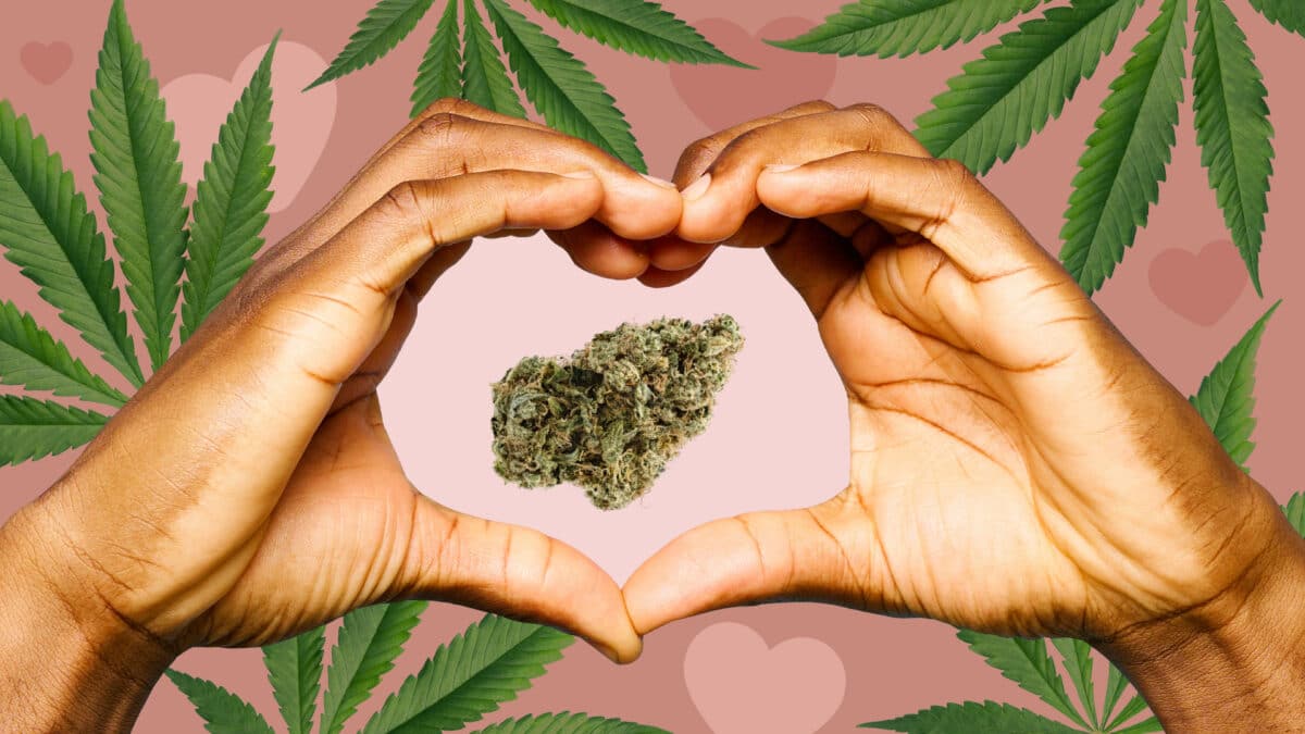 Hands forming a heart around a cannabis bud with leaves and hearts in the background for a blog on CBD benefits for couples.