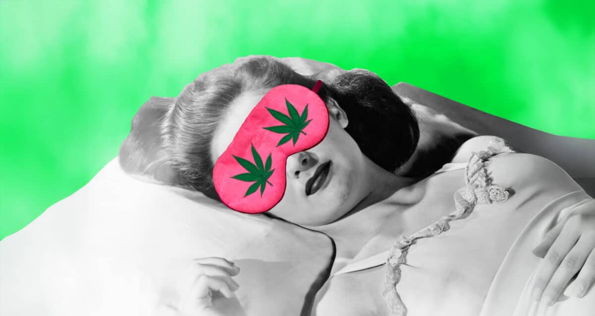 Woman wearing a pink sleep mask with cannabis leaves, resting on a pillow against a green background, symbolizing CBD use for sleep.