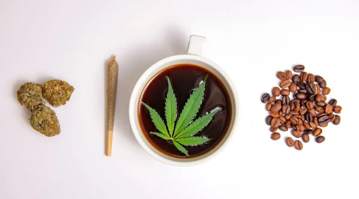 CBD coffee concept featuring a cannabis leaf in a coffee cup, with cannabis buds, a joint, and coffee beans on a white background.