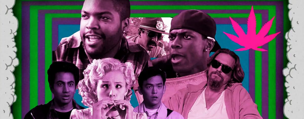 Stylized cinematic close-up of a woman smoking marijuana, symbolizing cannabis in modern film culture