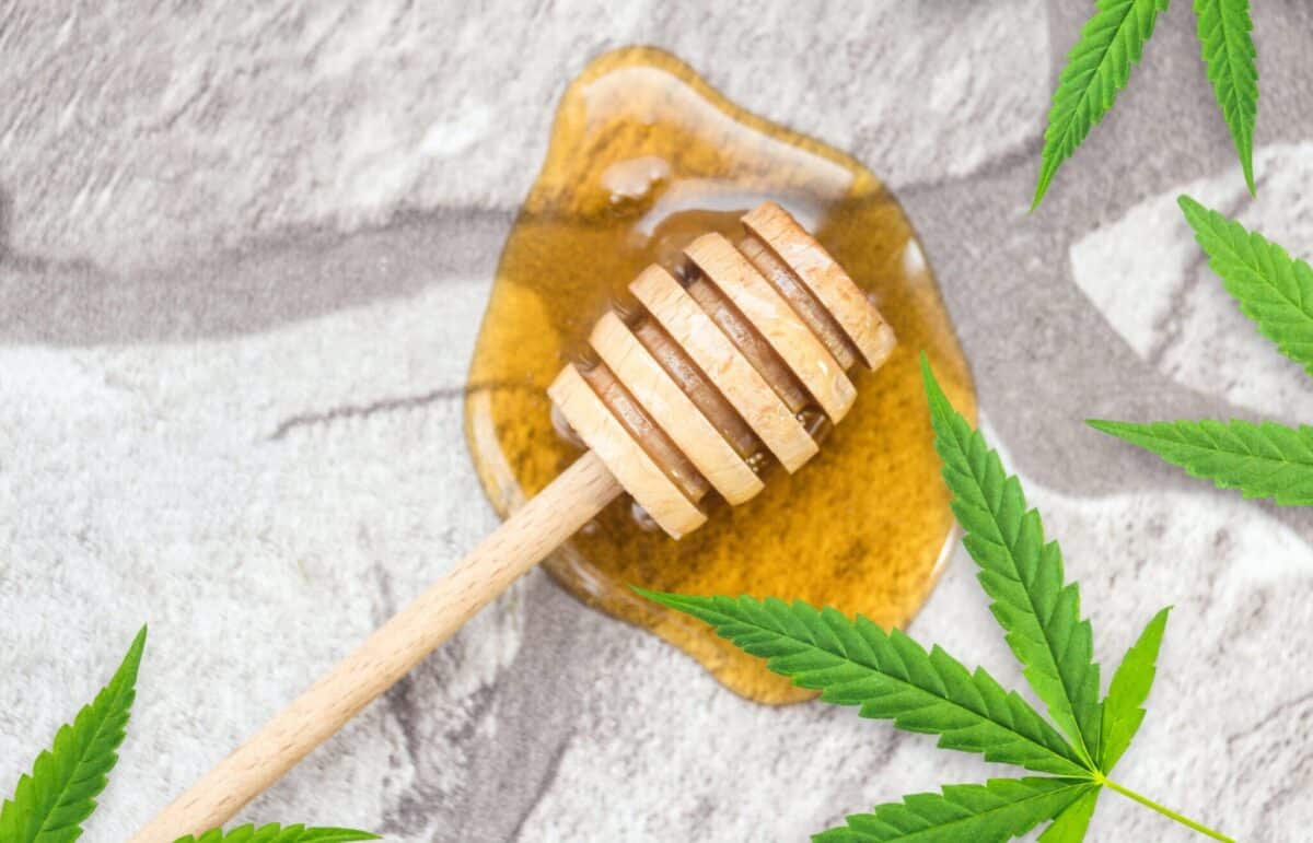 Wooden honey dipper resting in honey with CBD hemp leaves nearby, symbolizing honey infused with cannabinoids