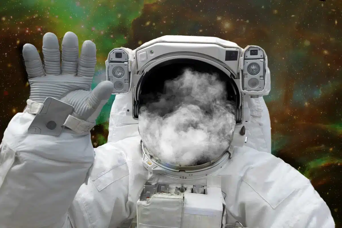 Astronaut with a smoke-filled helmet floating in space, symbolizing the future frontier of hemp innovation.