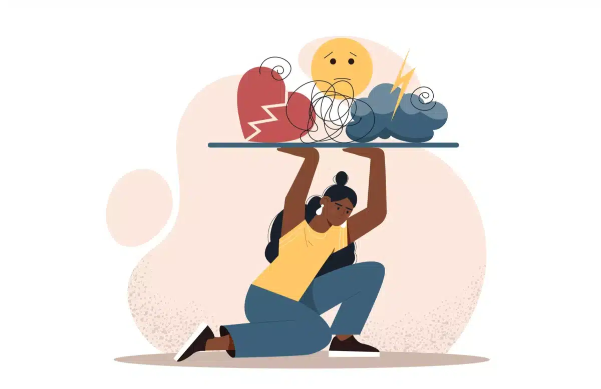 Illustration of a person carrying emotional weight — stress symbols and confusion representing mental overload and under-relaxation.
