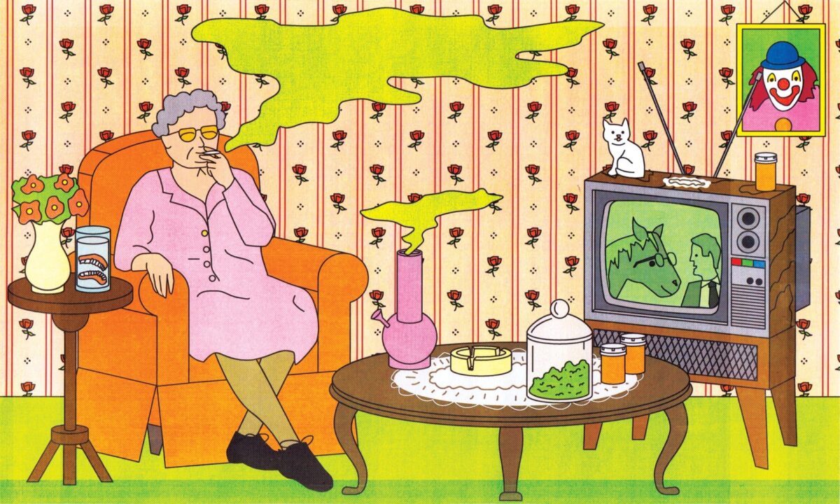 Retro illustration of a relaxed adult smoking cannabis indoors, representing adult cannabis use and modern relaxation culture.