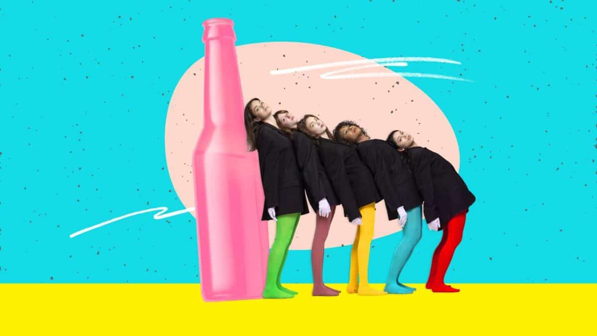 Stylized illustration of young adults with a bottle representing Gen Z drinking culture and changing alcohol habits.