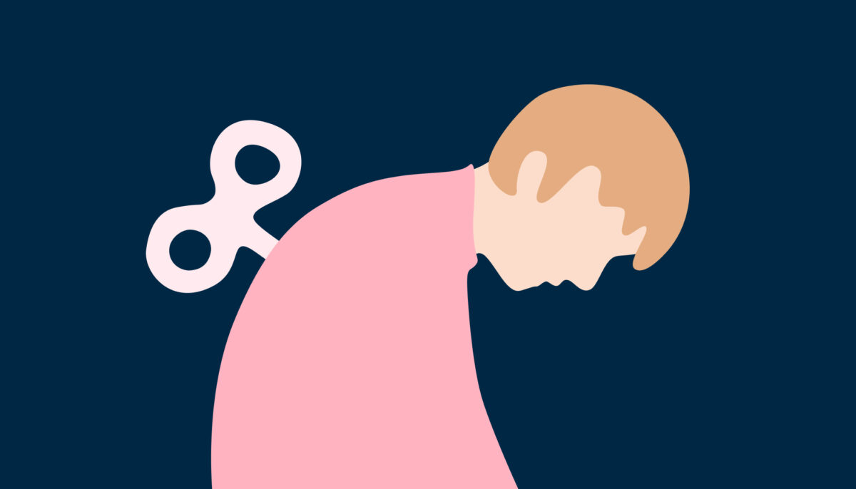 Illustration of a fatigued person hunched over with wind-up key, symbolizing chronic tiredness and exhaustion in a modern overstimulated life.