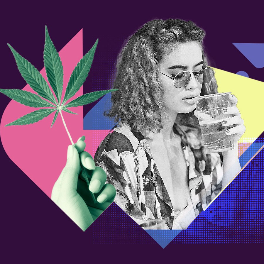Graphic collage of a young woman sipping a drink alongside a hand holding a cannabis leaf against a colorful pop-art background, representing Gen Z's shift from alcohol to cannabis in social settings