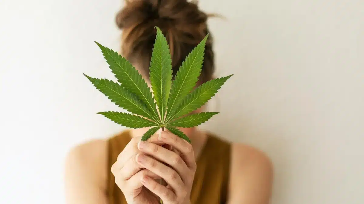 Woman with hair in a bun holding a large green cannabis leaf in front of her face against a white background, representing women's wellness and cannabidiol use for menopause symptom relief