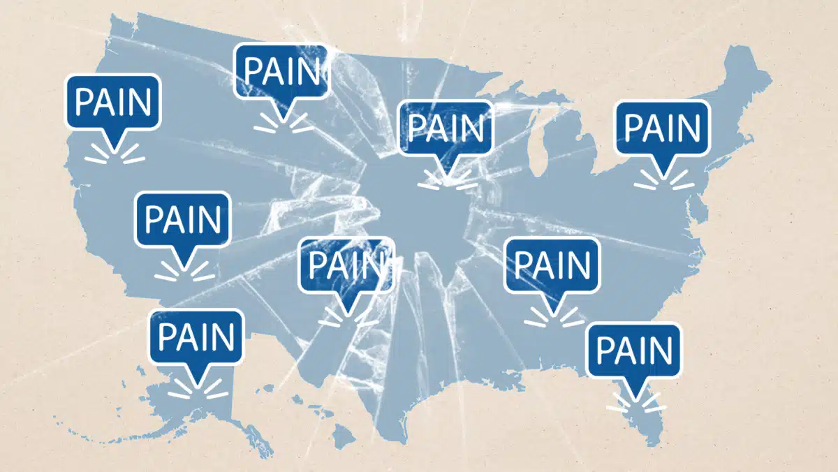 Map of the United States covered with pain markers, illustrating the widespread impact of chronic pain across America.