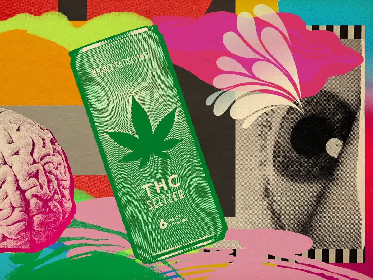 Colorful pop-art collage featuring a green THC seltzer can with a cannabis leaf logo surrounded by a human brain illustration, a close-up animal eye, and abstract floral shapes on a vibrant multi-colored background