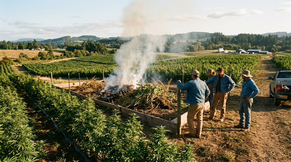 Four farm workers monitor a controlled burn of plant debris on a farm field